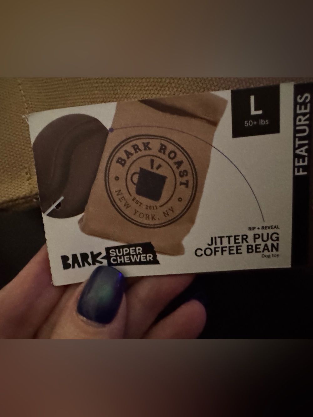 Bark Box L Super Chewer Jitter Pug Coffee bean Multi part rip reveal dog toy NEW